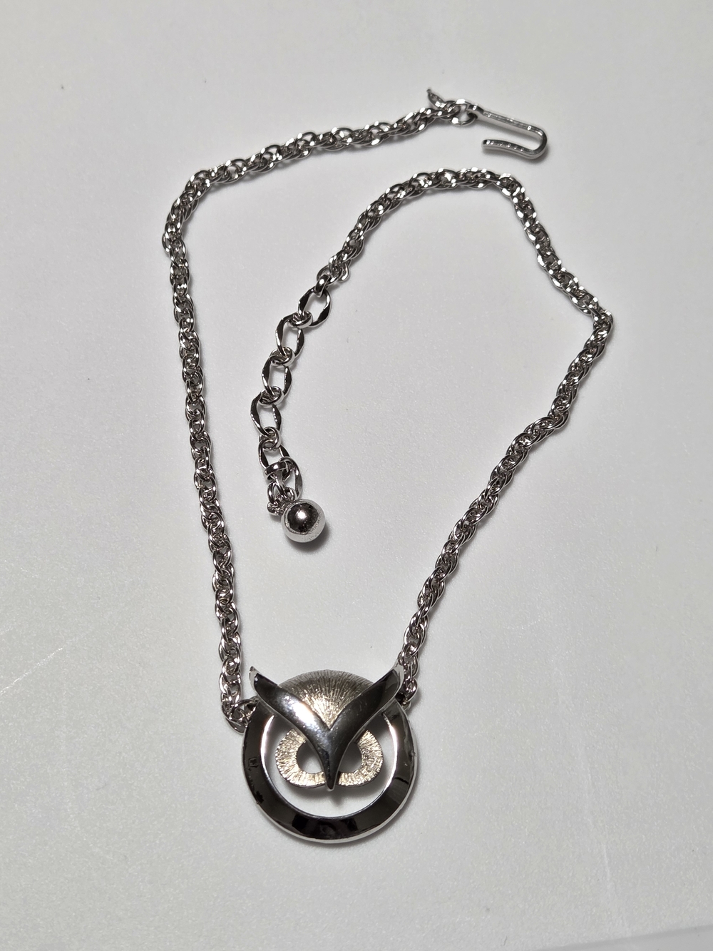 Crown Trifari Owl Pendant Necklace Choker 15in Silver Tone Vintage